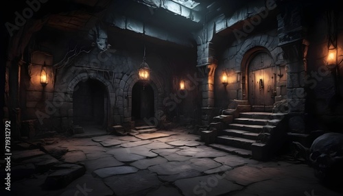 Underground dungeon, fantasy adventure tabletop role play game setting, dark and creepy background created with generative ai