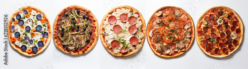 a series of images of different types of pizza, in the style of aerial view, rounded, shaped canvas, repetitive