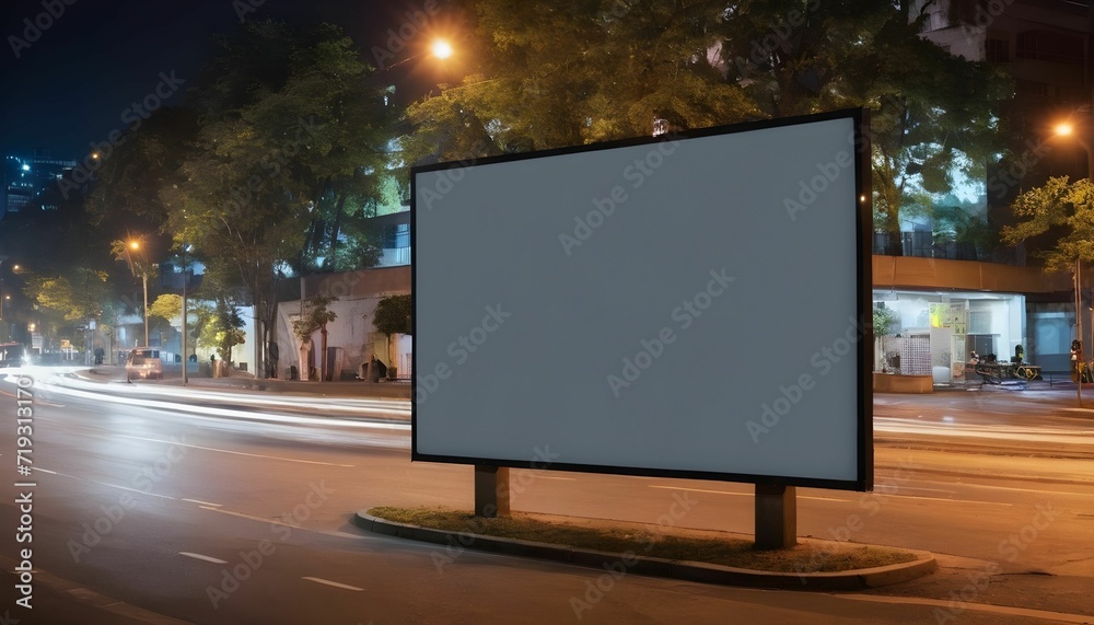 Blank billboard on night street. Outdoor advertising poster at night time with street light bokeh created with generative ai	