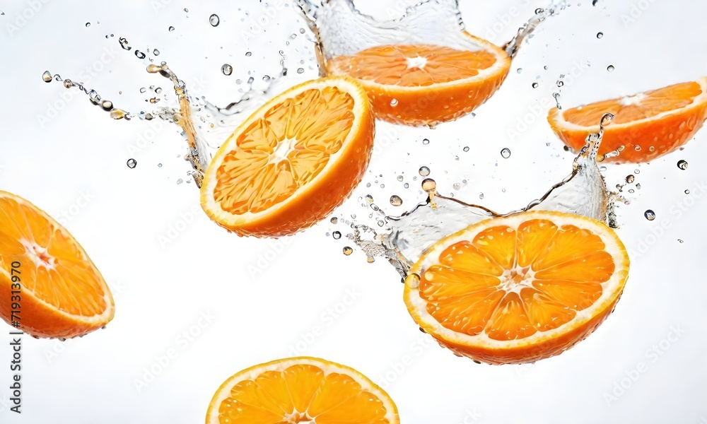 Orange slices on a white background with water splashing Orange slices on a white background with water splashing