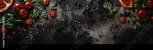 top view of pizza and vegetables with basil, in the style of black paintings, concrete, wallpaper, sleek metallic finish, dark silver and red, rtx on, rough


