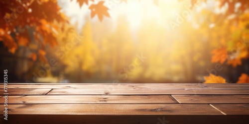 Fototapete Ideal for showcasing products, an unfocused autumn morning behind an empty wooden table