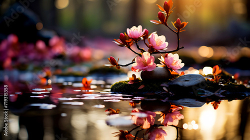 Nature Background Wallpaper, Pink Flowers Blooming on a Rock in a Water Pond, spring, peaceful zen buddhism influenced atmosphere