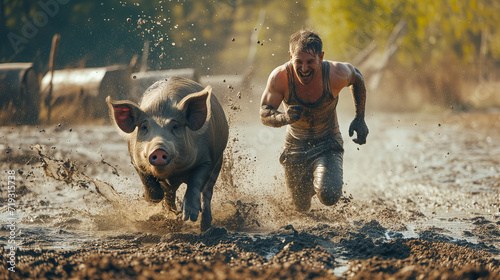 Adult man and a pig charge through a muddy field, competing in joyful play © olz