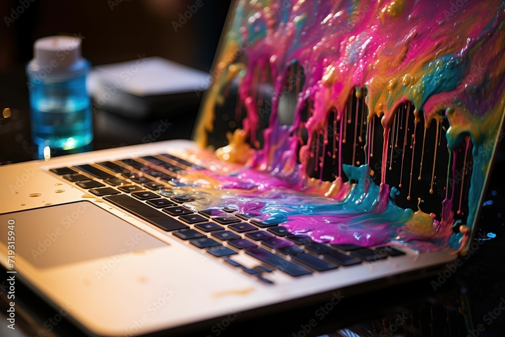 The coloured paints are dripping off the laptop - obrazy, fototapety, plakaty 