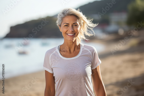 Cheerful mature woman running on sand beach, Senior woman enjoys life