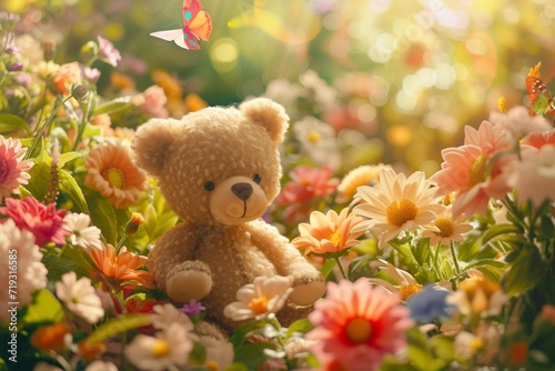 Curious teddy bear exploring a charming garden filled with oversized flowers butterflies and whimsical surprises