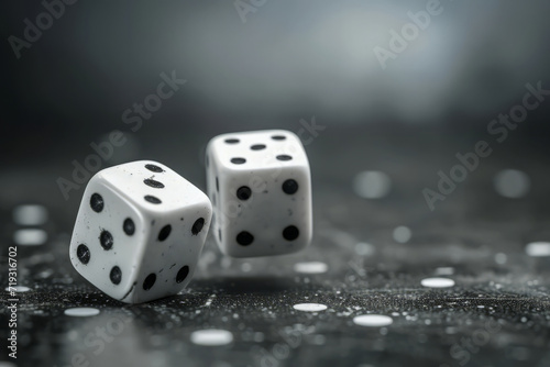 Two white dices falling on table on black background, Casino gambling and casting lots concept photo