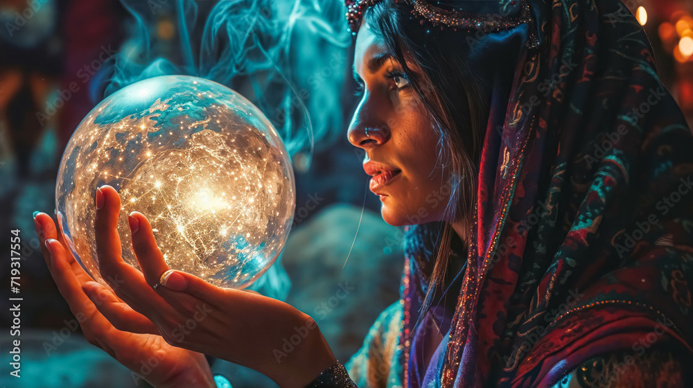 Naklejka premium A Fortune Teller's Intimate Gaze into the Orb of Infinity. Mystical Seer. Fortune Teller Holds Her Hands Over a Magical Crystal Ball