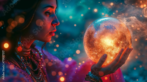 A Fortune Teller's Intimate Gaze into the Orb of Infinity. Mystical Seer. Fortune Teller Holds Her Hands Over a Magical Crystal Ball