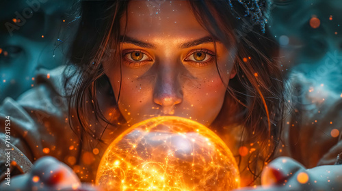 A Fortune Teller's Intimate Gaze into the Orb of Infinity. Mystical Seer. Fortune Teller Holds Her Hands Over a Magical Crystal Ball