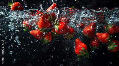  a black background with strawberries thrown into wate