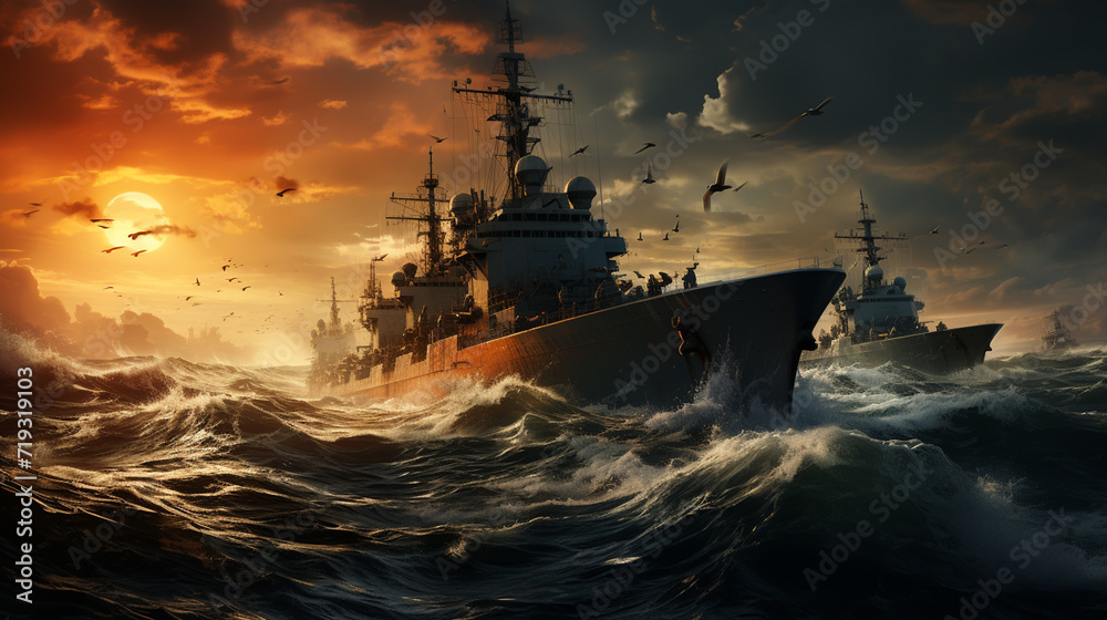 The military ship on sea at sunrise. - obrazy, fototapety, plakaty 