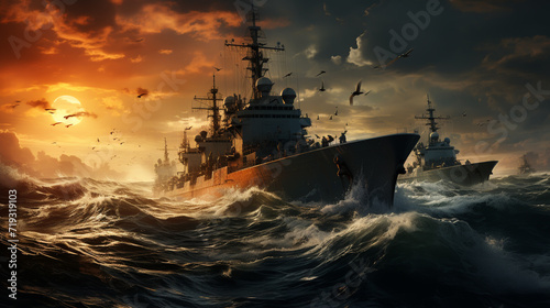 Fotografering The military ship on sea at sunrise.