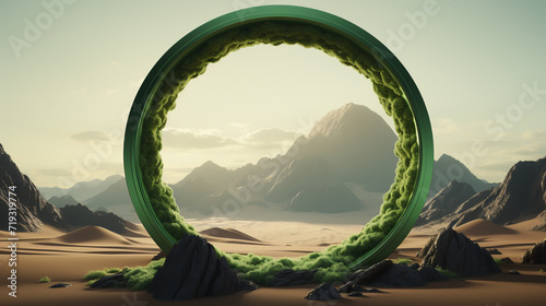 Surreal desert landscape with green arch constructions in perspective. Abstract modern minimal fashion background with sand dunes. Portal concept photo