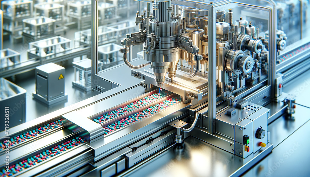 A highly detailed pharmaceutical packaging line with precision machinery organizing and processing various colored capsules in a sterile environment.Pharmaceutical manufacturing concept. AI generated.