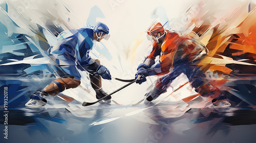 Ice hockey. Two hockey players skating. Isolated low polygonal vector illustration. Front view photo