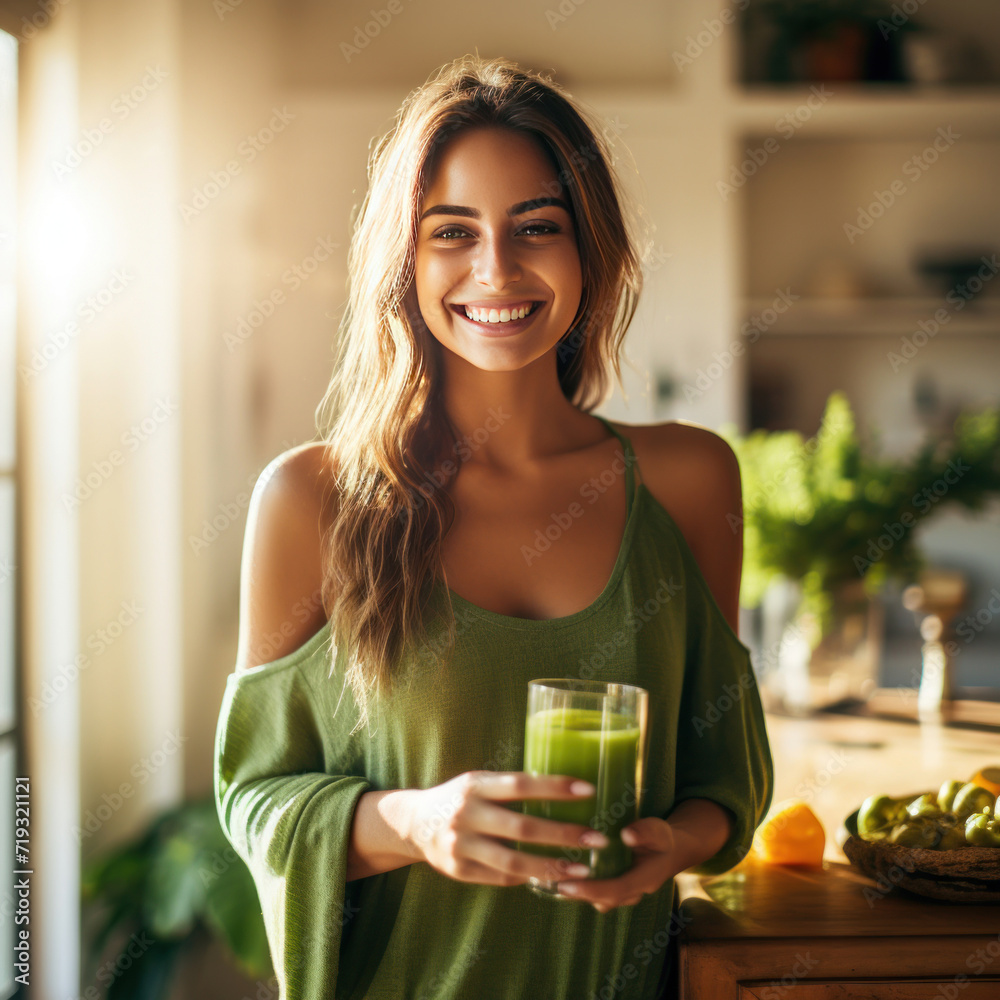 A healthy young woman smiling while holding some green juice at home. A healthy young woman smiling while holding some green juice at home.