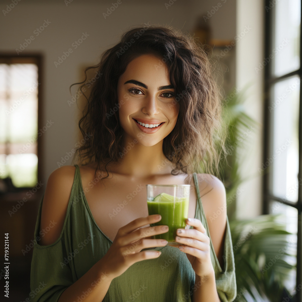 A healthy young woman smiling while holding some green juice at home. A healthy young woman smiling while holding some green juice at home.