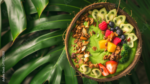 Organic green smoothie bowl, topped with an array of colorful fruits and nuts, presented in a coconut shell bowl, on a background of fresh tropical leaves