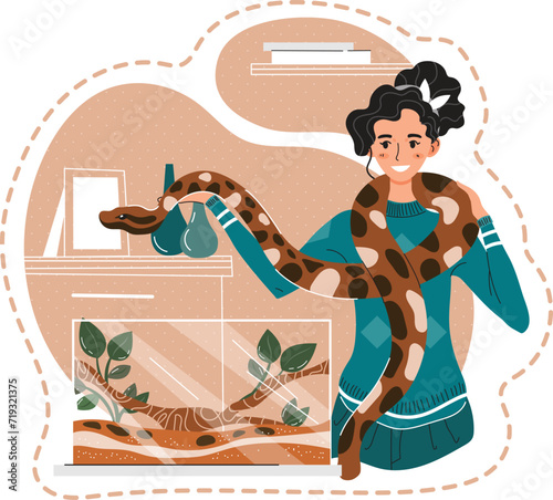 Female snake handler gently holding a large boa constrictor. Cheerful woman with a pet snake in a terrarium setting. Happy pet owner displays affection for her exotic reptile. Enthusiastic