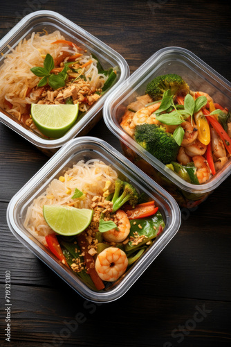A modern Thai food lunch boxe in plastic packages. © Wararat