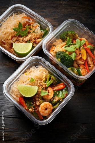 A modern Thai food lunch boxe in plastic packages.