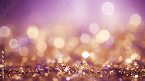 Decoration twinkle lights background  abstract shiny backdrop with circles  modern design overlay with sparkling glimmers. Purple and golden backdrop glittering sparks with glow effect  generative ai