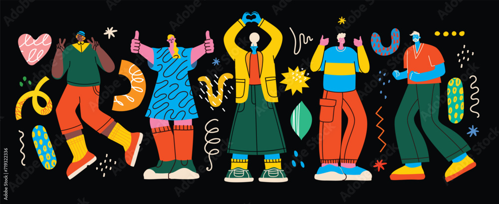 Set of people celebrating win or goal achievement. Happy team or group of friends with hands up. Concept of victory,love and success. Vector illustration in flat style