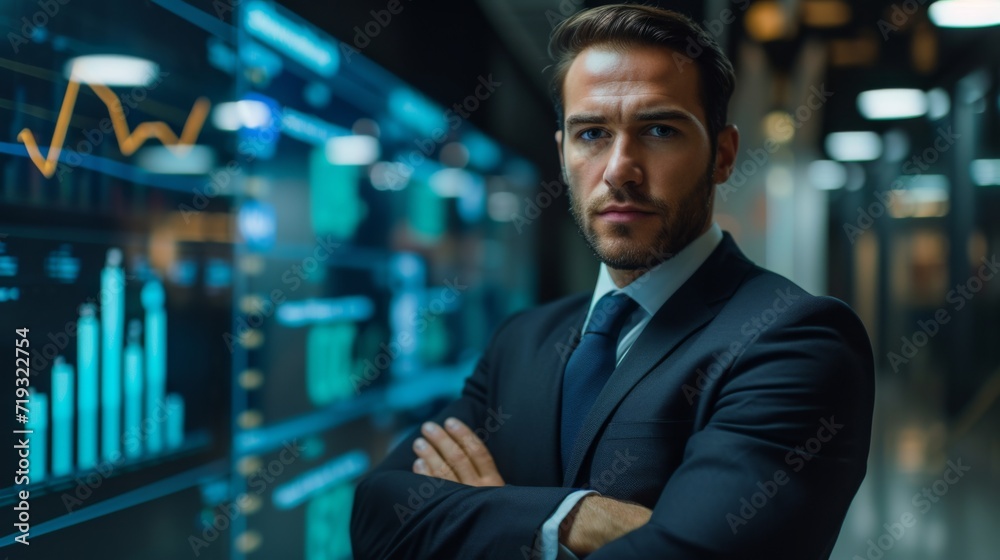 Portrait of a Businessman, statistics graph background Portrait of a Businessman, statistics graph background