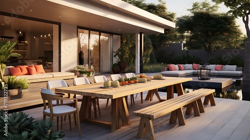 Modern outdoor patio with a wooden table and vibrant seating