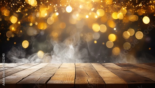 empty wooden table background with smoke and gold bokeh lights
