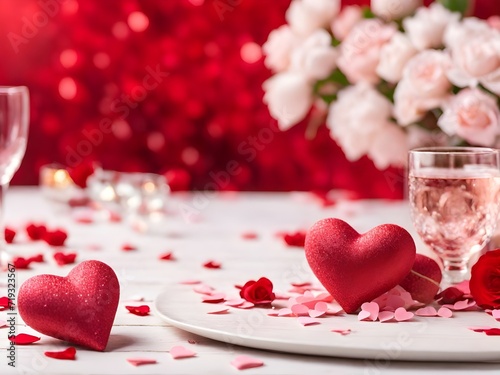 A heart shaped box with a red heart on the floor and a red heart in the background