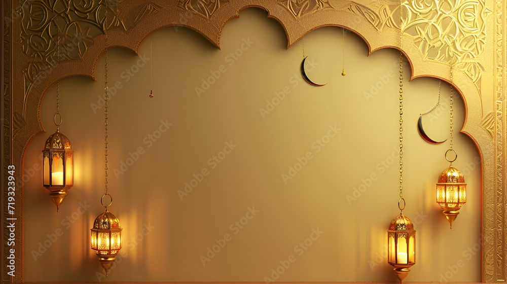 Golden festive background with arabic lanterns, Ramadan Golden festive background with arabic lanterns, Ramadan