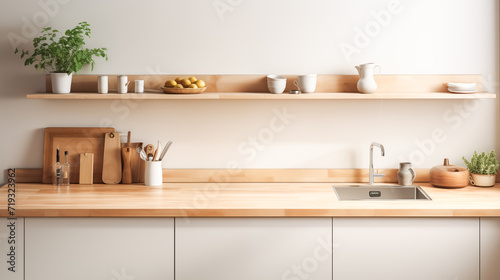 Wooden light empty countertop in white kitchen, kitchen backsplash interior. Stage showcase template promotional items