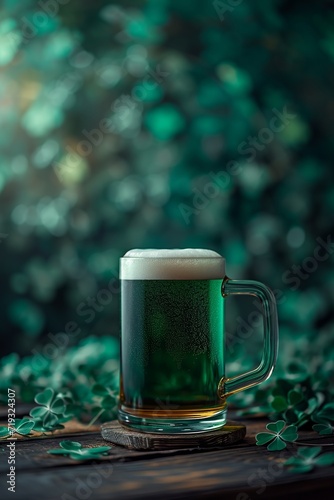  Green Beer in Classic Mug with Wooden Background in Saint Patrick's Theme
