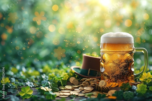 Golden Beer and Leprechaun Hat Amongst Clover LeavesSt. Patrick's Day concept
 photo