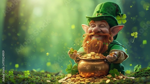 Cheerful Leprechaun with Pot of Gold and Clovers - Saint Patrick's Day Celebration 