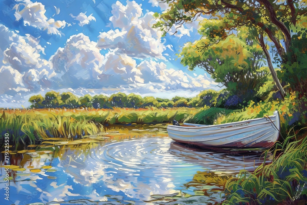 bright green sunshine over a silver puddle, vibrant colorful trees reaching into the sky, a small white fishing boat moored to one side silver ripples gently lapping around its hull, cumulus clouds. bright green sunshine over a silver puddle, vibrant colorful trees reaching into the sky, a small white fishing boat moored to one side silver ripples gently lapping around its hull, cumulus clouds.
