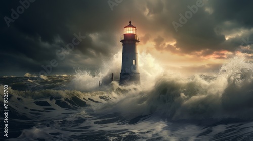 Scenic illustration of a beautiful lighthouse in a storm with strong waves. Neural network AI generated art
