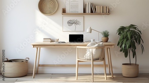 Minimalist bohemian workspace with a simple desk and woven accents © Wardx