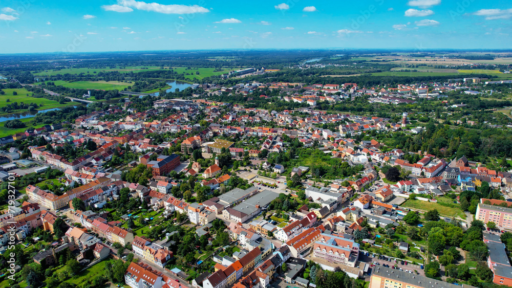 Aeriel of the old town of the city Roßlau in Germany on a sunny summer day