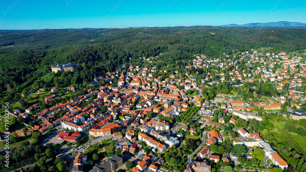 Aeriel of the old town of the city blankenburg in Germany on a sunny summer day