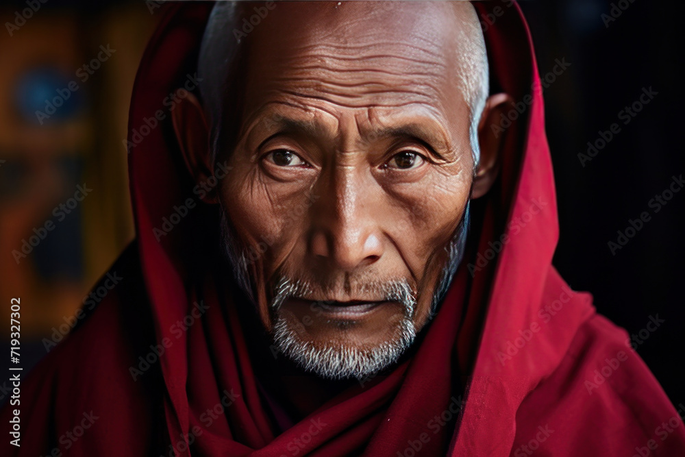 An Elderly Tibetan Monk, wisdom in eyes, traditional maroon robes.