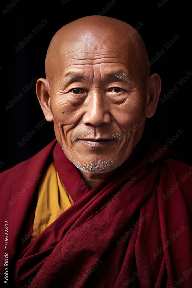 An Elderly Tibetan Monk, wisdom in eyes, traditional maroon robes. An Elderly Tibetan Monk, wisdom in eyes, traditional maroon robes.