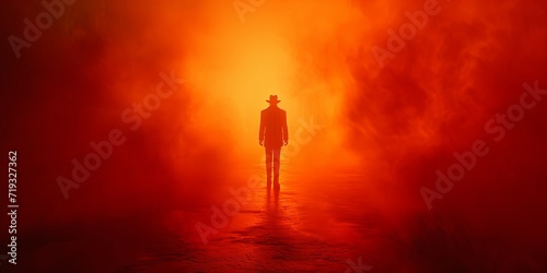 Cinematic dark mystery poster, red, orange and black colors, a silhouette of a devil in the middle from which a detective emerges, Texas atmosphere, photo realistic, cinematic.