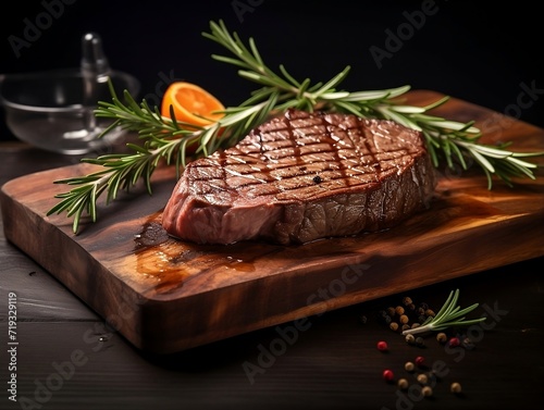 Steak cut on a wooden board with rosemary