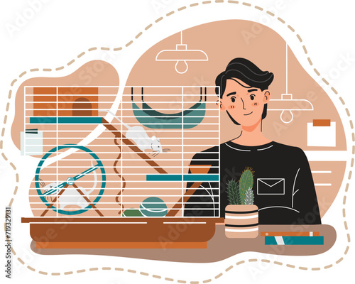 Young male barista smiling at a cozy cafe, holding a potted cactus. Shelves with plants and book, relaxed atmosphere. Man working from home office, modern interior with laptop, pet cat sleeping on