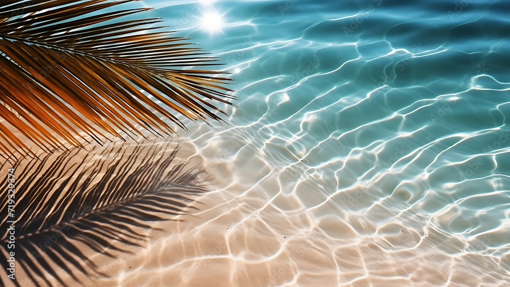 Water background with palm leaf top view. Tropical summer. Water background with palm leaf top view. Tropical summer.