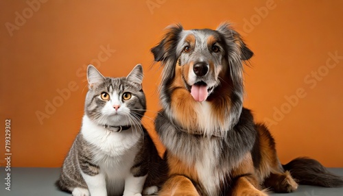 dog and cat sitting for photo on orange studio background